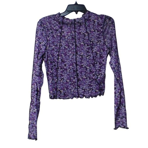 Noisy May Carrie Mock Neck Mesh Top In Amaranth Purple/ Virtual Flower, M - Picture 11 of 12